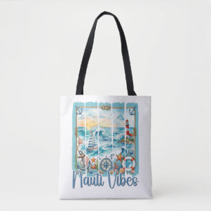 Nautical Ocean Sunset Lighthouse Coastal Beach Tote Bag