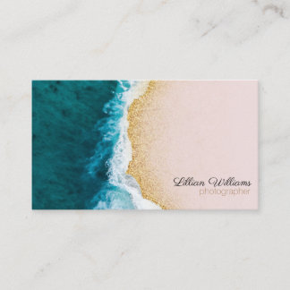 Nautical Ocean Teal Waves Gold Glitter Ombre Blush Business Card