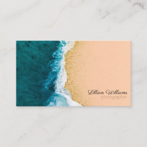 Nautical Ocean Teal Waves Gold Glitter Ombre Coral Business Card