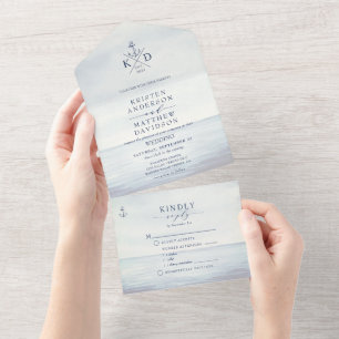 Nautical Ocean Watercolor Wedding Monogram All In One Invitation