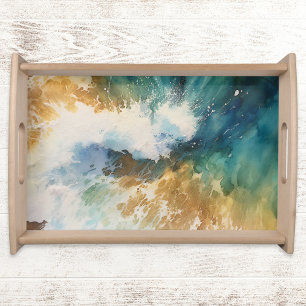 Nautical Ocean Waves Watercolor Beach Serving Tray
