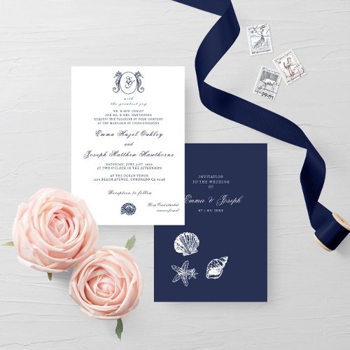 Nautical Oceanic classic dark navy blue 2 Wedding Invitation