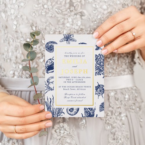 Nautical Oceanic classic navy blue Wedding gold Foil Invitation