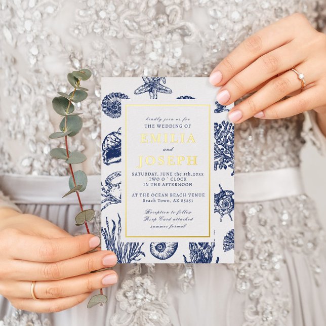 Nautical Oceanic classic navy blue Wedding gold Foil Invitation (Creator Uploaded)