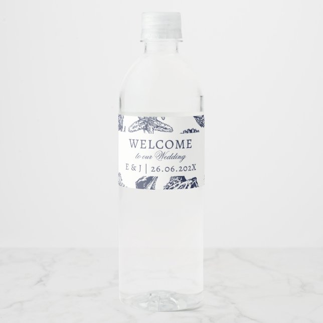 Nautical Oceanic classic navy Wedding "Welcome" Water Bottle Label (Front)
