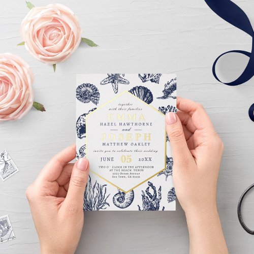 Nautical Oceanic dark navy blue gold foil Wedding Foil Invitation