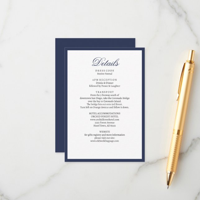 Nautical Oceanic navy Wedding Details Enclosure Card (Front/Back In Situ)