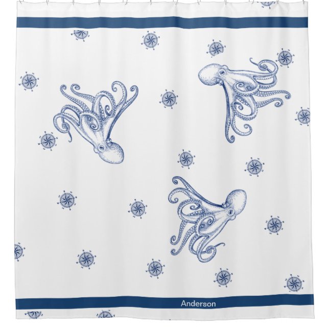  Nautical Octopus Bathroom Ocean Navy Blue  Shower Curtain (Front)