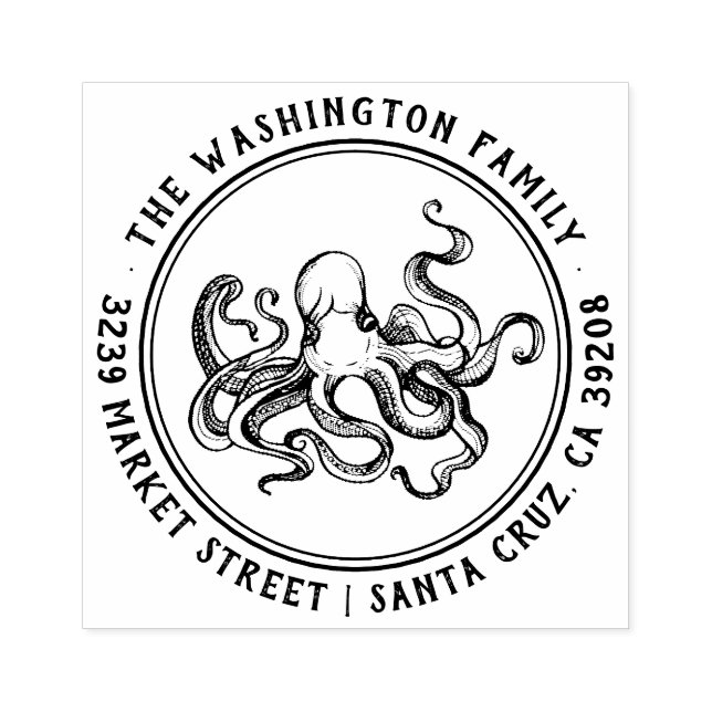Nautical Octopus Family Name Round Return Address Rubber Stamp (Imprint)