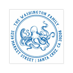Nautical Octopus Family Name Round Return Address Self-inking Stamp