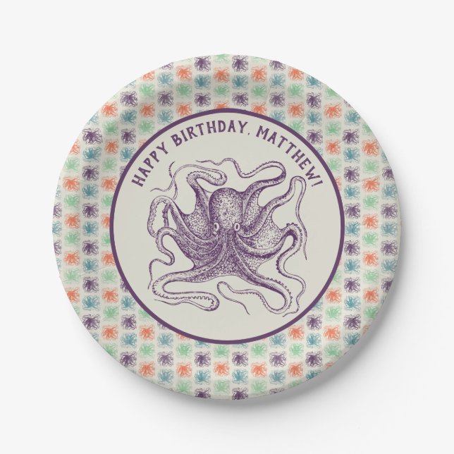 Nautical Octopus Personalized Birthday Party Paper Plates (Front)