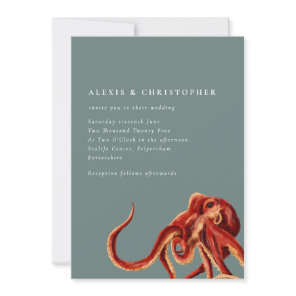 Nautical Octopus Rust & Teal Wedding Invitation
