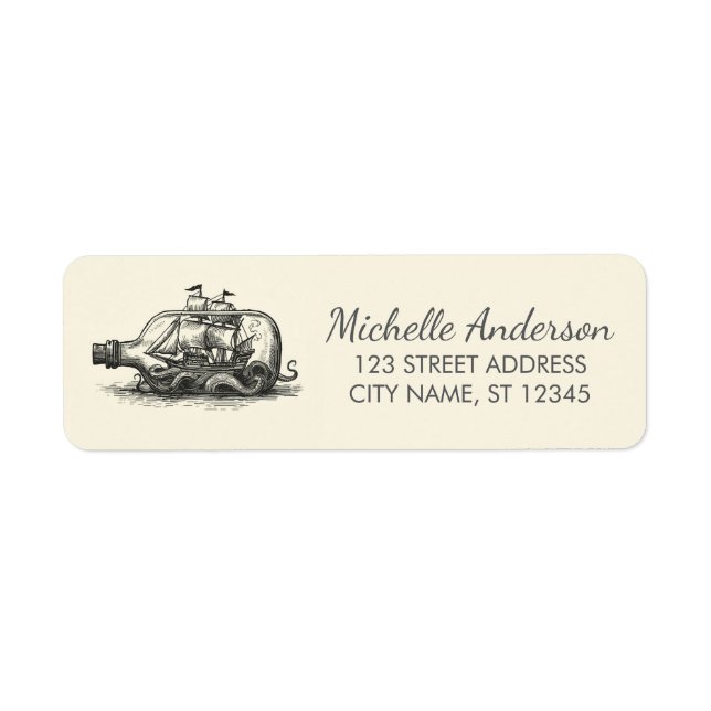 Nautical Octopus Ship in a Bottle Return Address Label (Front)