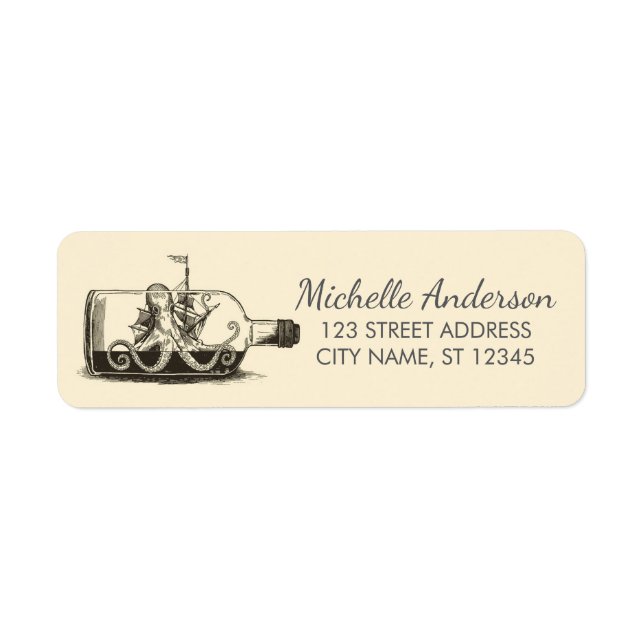Nautical Octopus Ship in a Bottle Return Address Label (Front)