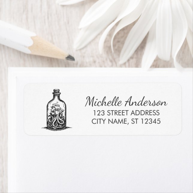 Nautical Octopus Ship in a Bottle Return Address  Label (Insitu)