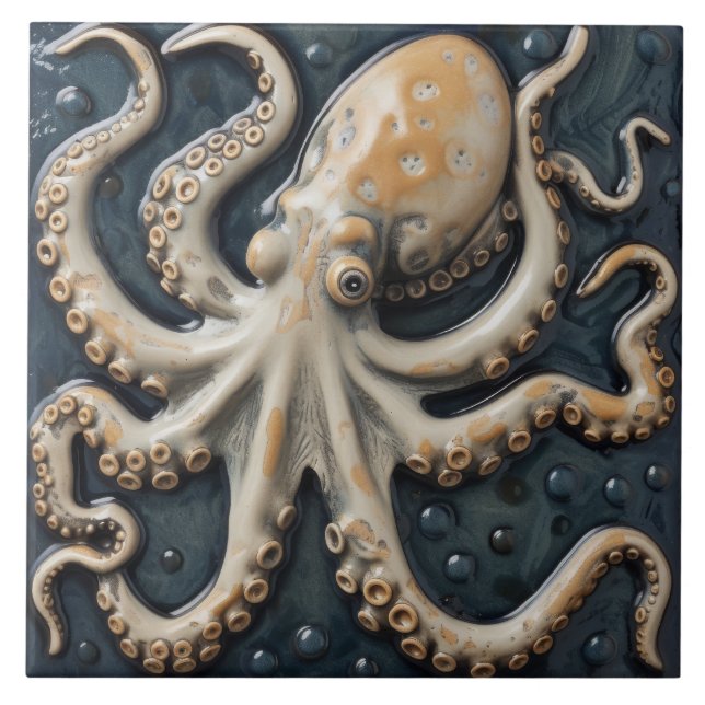 Nautical Octopus Squid 3D Effect Aquatic Ceramic Tile (Front)