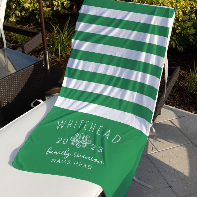 Nautical Octopus Stripe Kelly Green Monogram Beach Towel (Creator Uploaded)