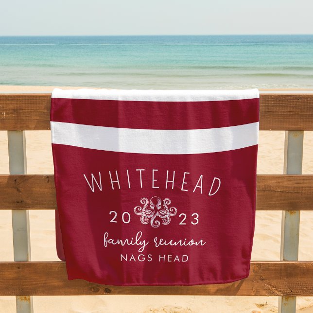 Nautical Octopus Stripe Red Monogram Beach Towel (Creator Uploaded)