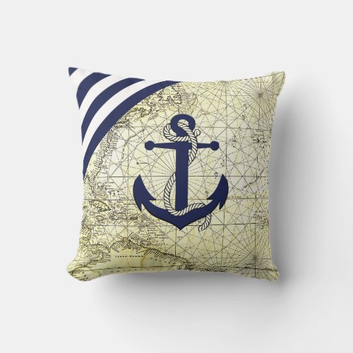 Nautical old mapanchorships wheel silhouette throw pillow