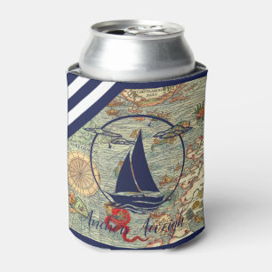 Nautical old map/boat/silhouette/anchors aweigh can cooler