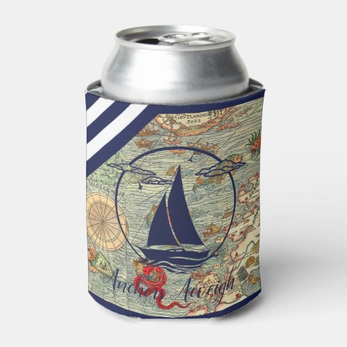 Nautical old mapboatsilhouetteanchors aweigh can cooler