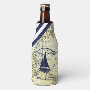 Nautical old map/boat/silhouette/sail away/navy bottle cooler