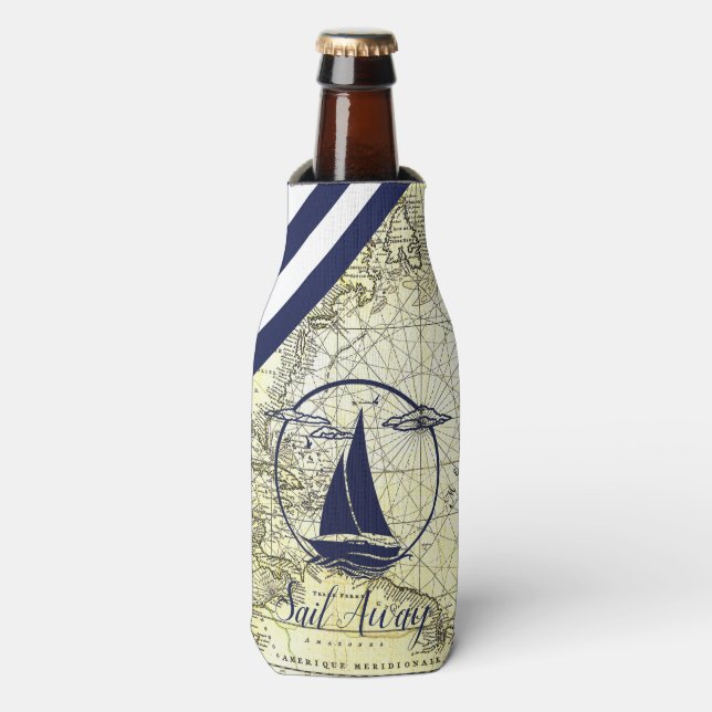 Nautical old map/boat/silhouette/sail away/navy bottle cooler (Bottle Front)