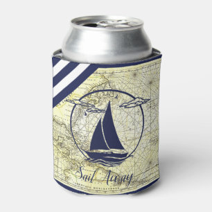 Nautical old map/boat/silhouette/sail away/navy can cooler