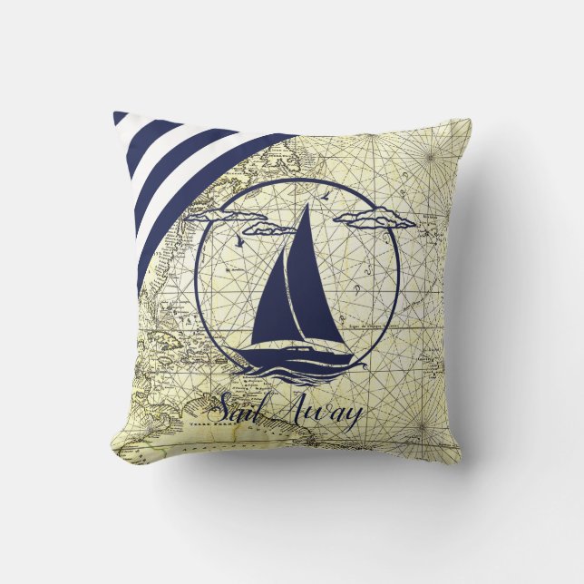 Nautical old map/boat/silhouette/sail away/navy throw pillow (Front)