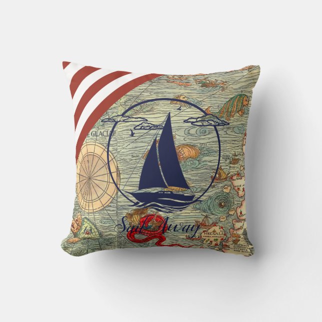 Nautical old map/boat/silhouette/sail away/navy throw pillow (Front)