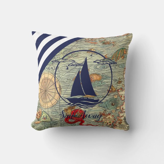 Nautical old map/boat/silhouette/sail away/navy throw pillow (Front)