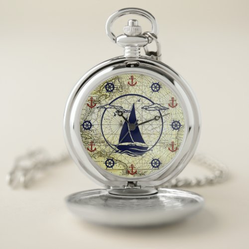 Nautical old mapsailboatanchorwheel silhouette pocket watch