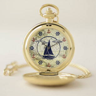 Nautical old map/sailboat/anchor/wheel silhouette pocket watch