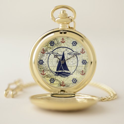 Nautical old mapsailboatanchorwheel silhouette pocket watch