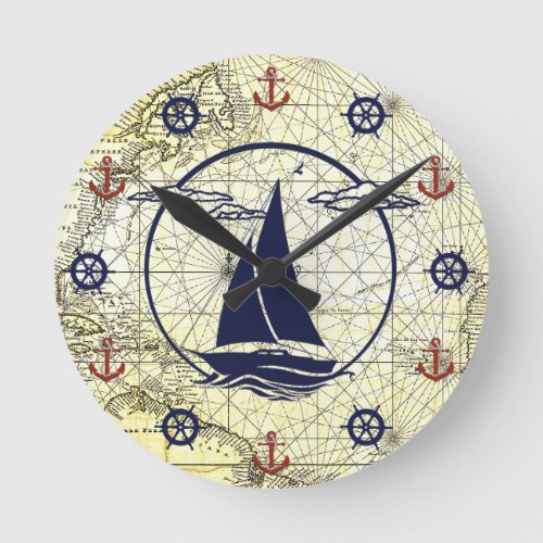 Nautical old mapsailboatanchorwheel silhouette round clock