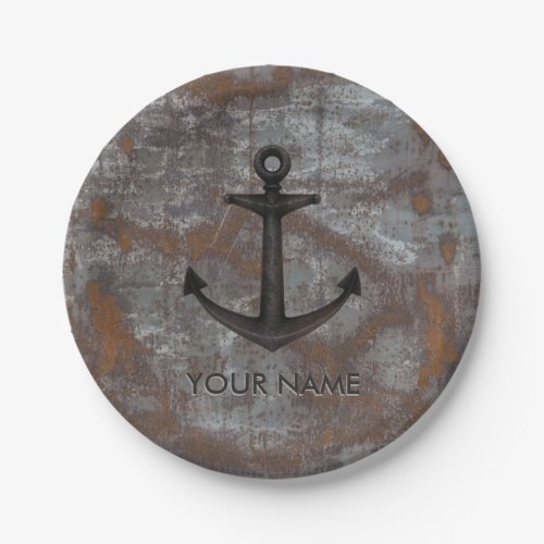 Nautical Old Navy Anchor Rusty Old Metal with Name Paper Plates