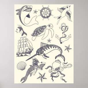 Nautical Old Sailor Tattoos Collage Poster