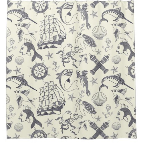Nautical Old Sailor Tattoos Patterned Shower Curtain