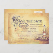 Nautical old vintage lighthouse save the date announcement postcard (Front/Back)