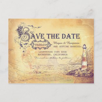 Nautical Old Vintage Lighthouse Save The Date Announcement Postcard by jinaiji at Zazzle