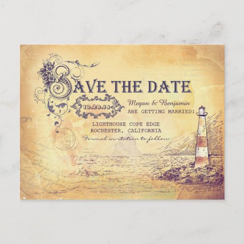 Nautical old vintage lighthouse save the date announcement postcard - Vintage lighthouse and nautical old seascape drawing save the date postcards. Old antique design and swirly nautical typography - perfect save the date for nautical cape cod seashore weddings.