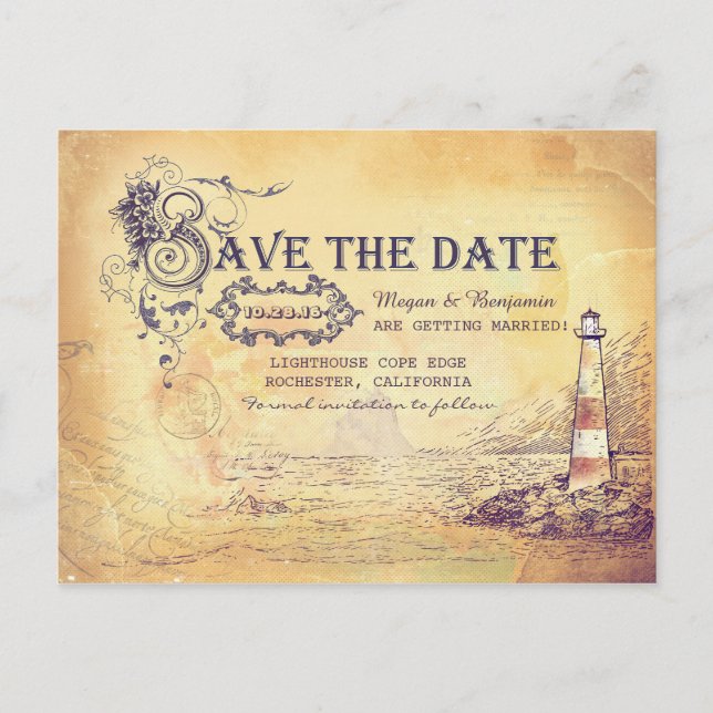 Nautical old vintage lighthouse save the date announcement postcard (Front)