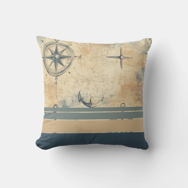 Nautical Old World Map With Blue Stripes Throw Pillow (Front)