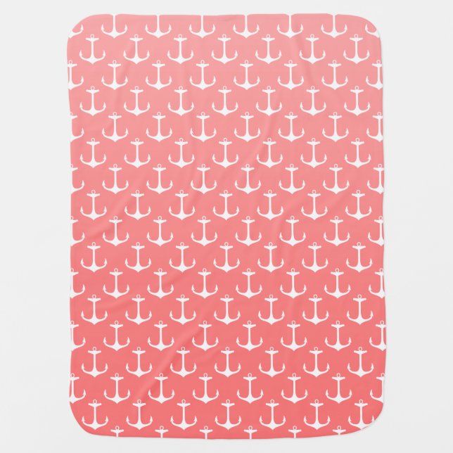 Nautical Ombre Coral Pink White Anchor Pattern Stroller Blanket (Front)