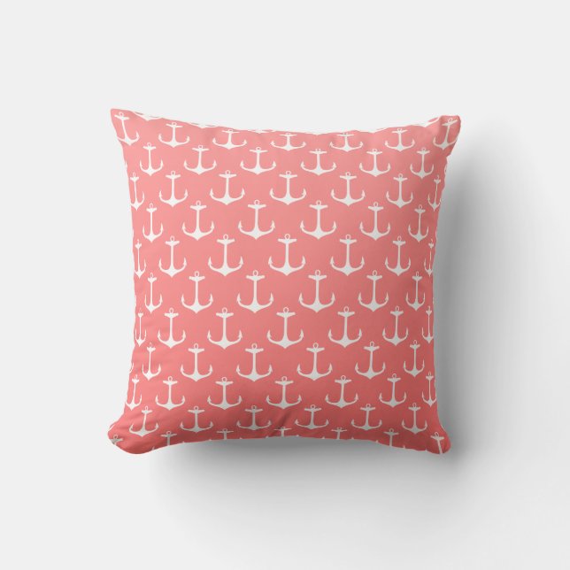 Nautical Ombre Coral Pink  White Anchor Pattern Throw Pillow (Front)