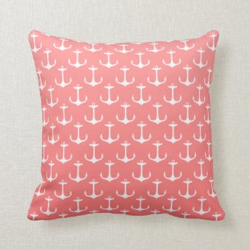 Nautical Ombre Coral Pink  White Anchor Pattern Throw Pillow by VintageDesignsShop at Zazzle