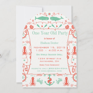 Nautical One Year Old Birthday Coral Mint Invitation