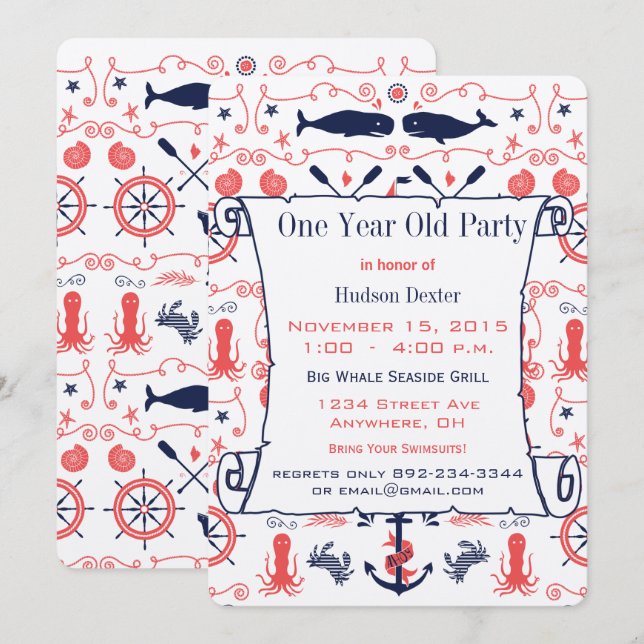 Nautical One Year Old Birthday Coral Navy Invitation (Front/Back)