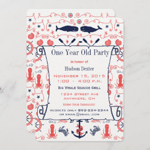 Nautical One Year Old Birthday Coral Navy Invitation