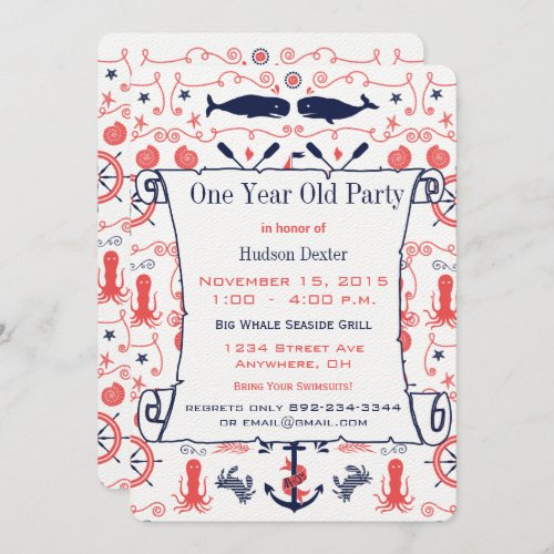 Nautical One Year Old Birthday Coral Navy Invitation